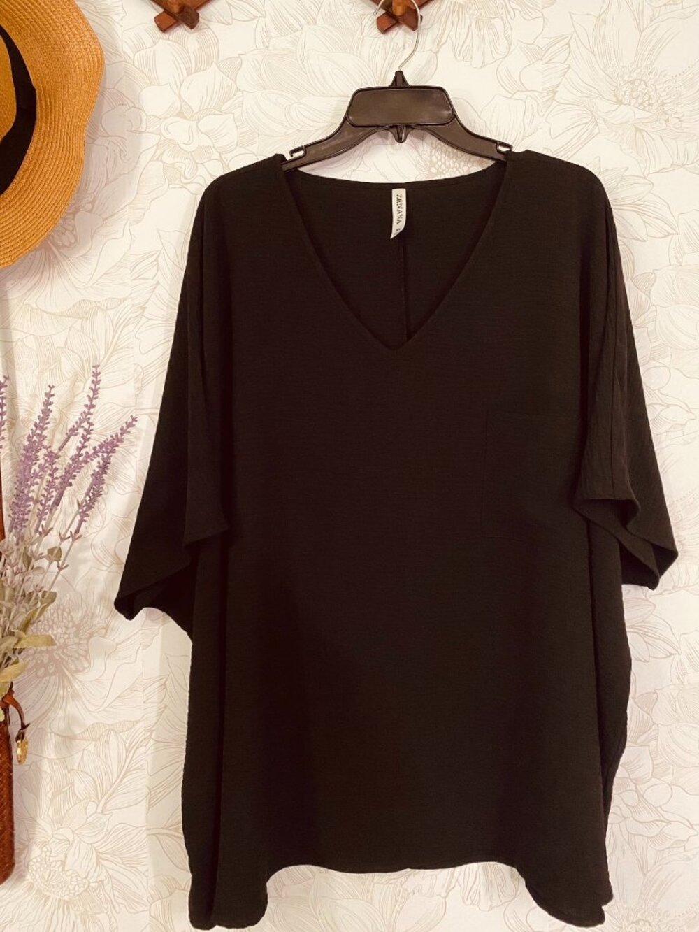 Zenana Black V-Neck Oversized Tunic Top With Pocket 3X Polyester Womens Blouse
